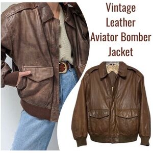 Vintage Leather Bomber Jacket Rare 1980s 90s Oversized Brown Aviator Size Small